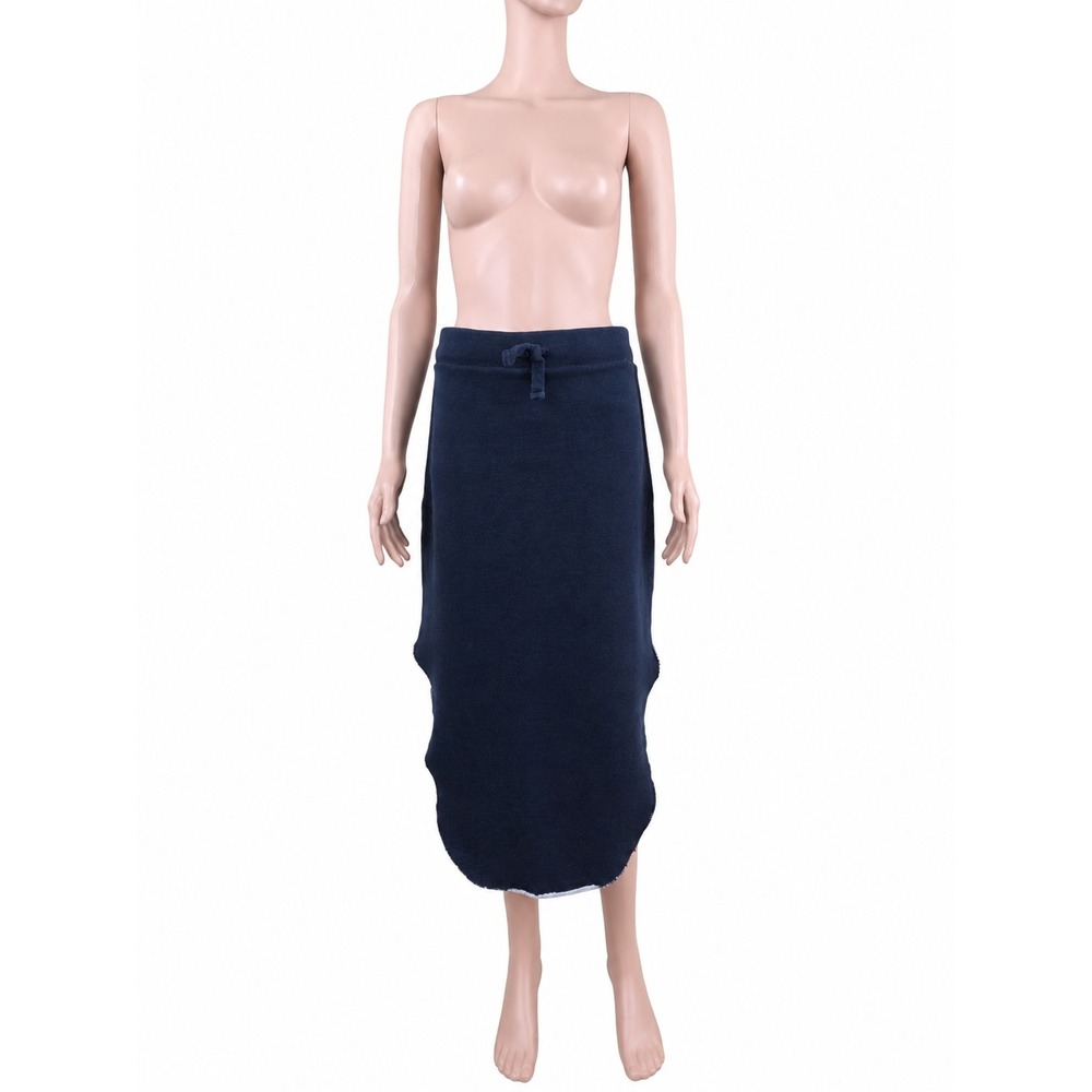 Frank & Eileen Unforgettable Midi Fleece Skirt L Navy Cotton Drawstring